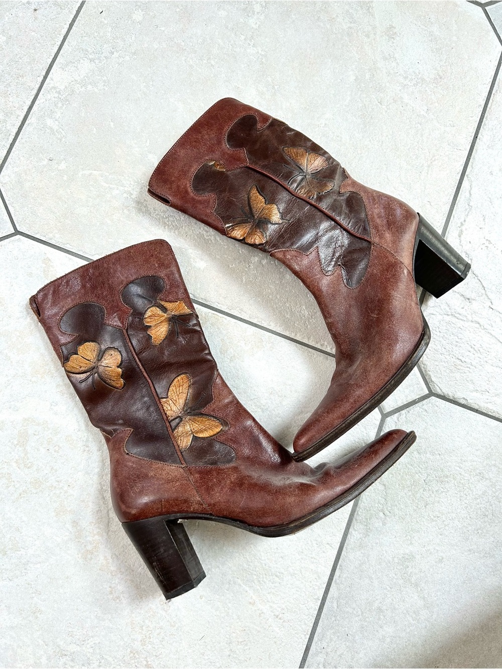 Carlos Falchi Brown Leather Butterfly Western Boots Size 6.5 Italy